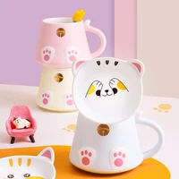 cartoon cat ceramic mug spoon cup with cover household living room office tea coffee cup lovely large capacity