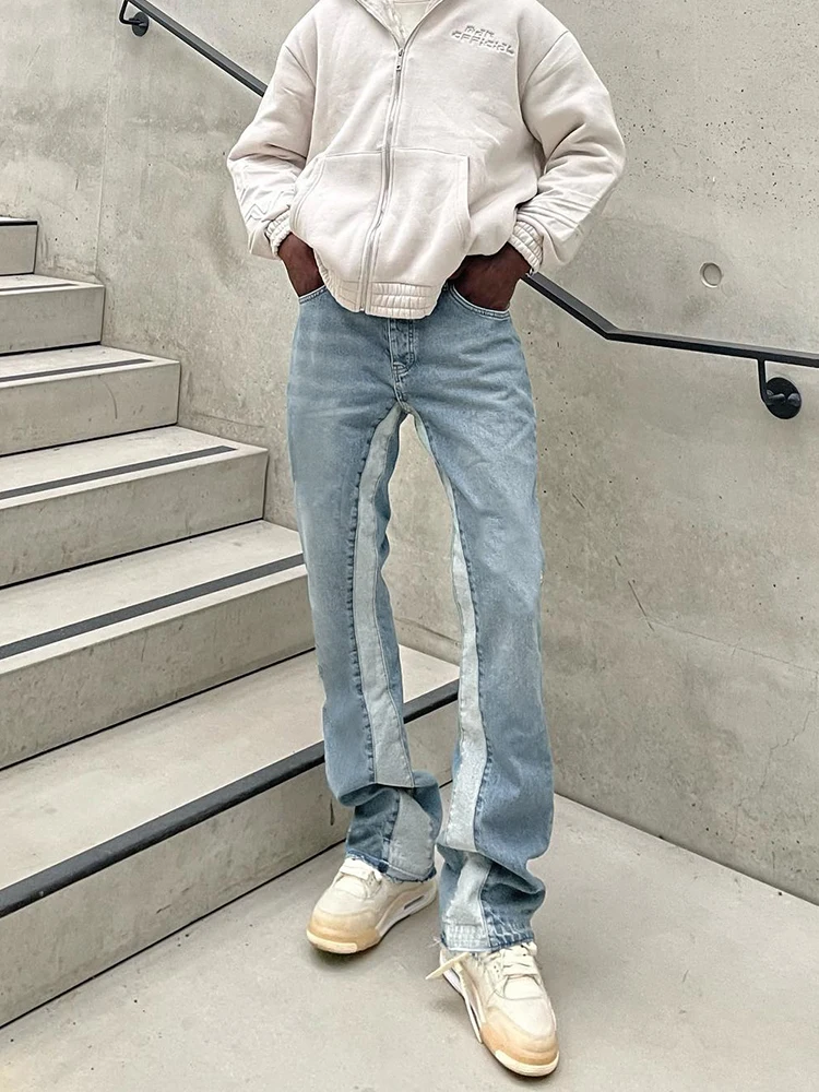 Baggy Jeans Men Fashion Side Stripes Aesthetic Jean Trousers Vaqueros Y2K Autumn Light Blue Distressed Straight Leg Denim Pants