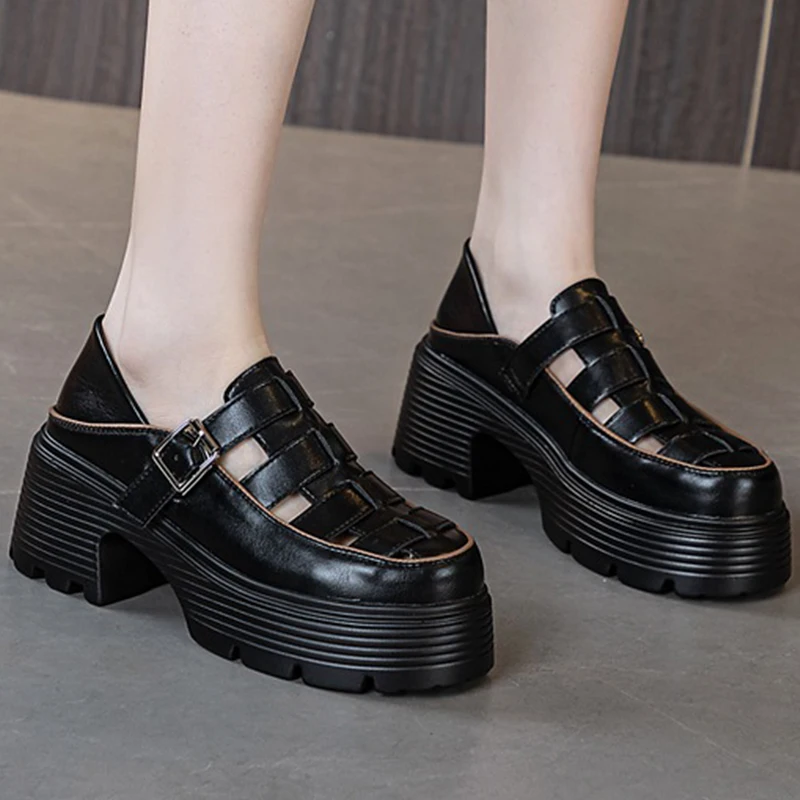 2023 New Genuine Leather Female Elevator Shoes Sandals Hollow Buckle Summer Fashion Platform Wedge Chunky Comfy Women Shoes
