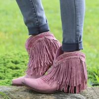 2022 women mid calf low heel bohemia motorcycle boots fringed cowboy boots shoes spring autumn women martin boots botas mujer