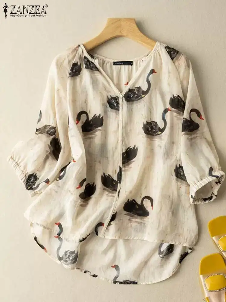 

ZANZEA Half Sleeve Printing Blouses Casual Asymmetrical Hem Loose V-neck Tunics Tops Holiday 2023 Summer Women Fashion Shirt