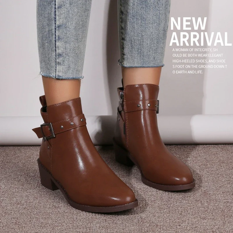 

2024 Brand Shoes for Women Concise Zip Ankle Women's Boots Square Heel Solid Warm Ladies Boots Modern Belt Buckle Shoes Ladies