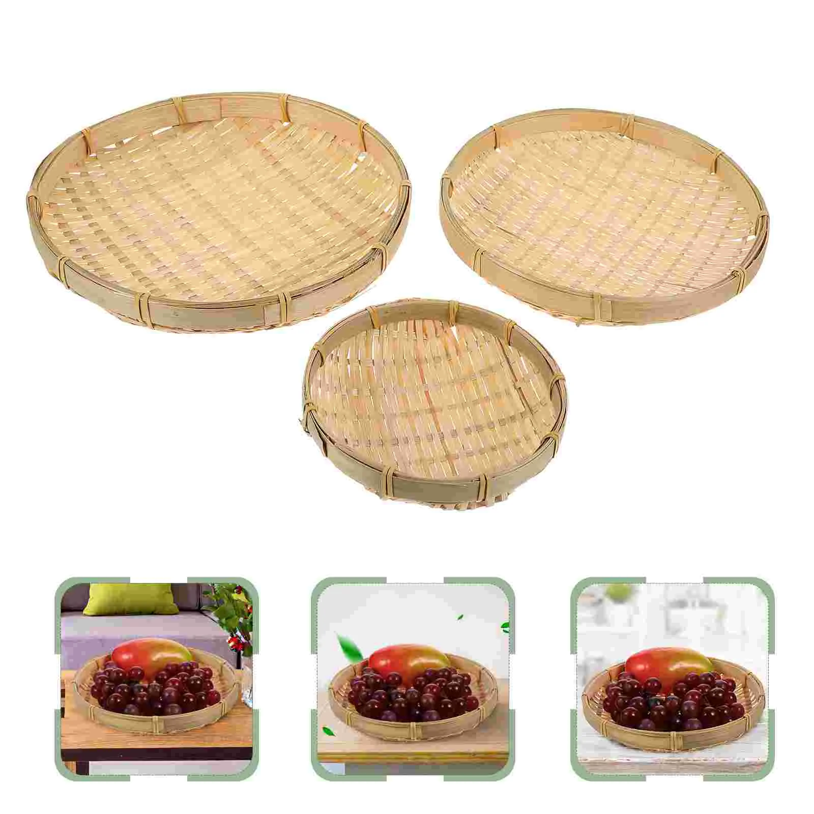 

Basket Storagewoven Sieve Tray Holder Flat Washing Shallow Serving Fruit Display Strainer Veggies Round Weaving Trays Kitchen