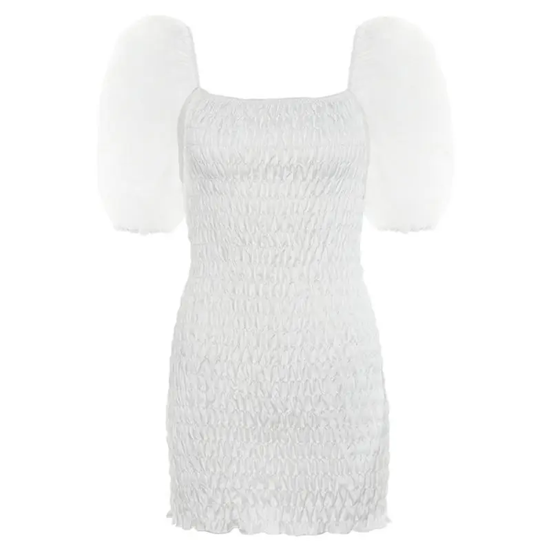 

Women Short Mesh Bubble Sleeve Sexy Mini Bodycon Dress White Color Shirred Stretchy Ruffles Hem Wedding Cocktail Party P8DB