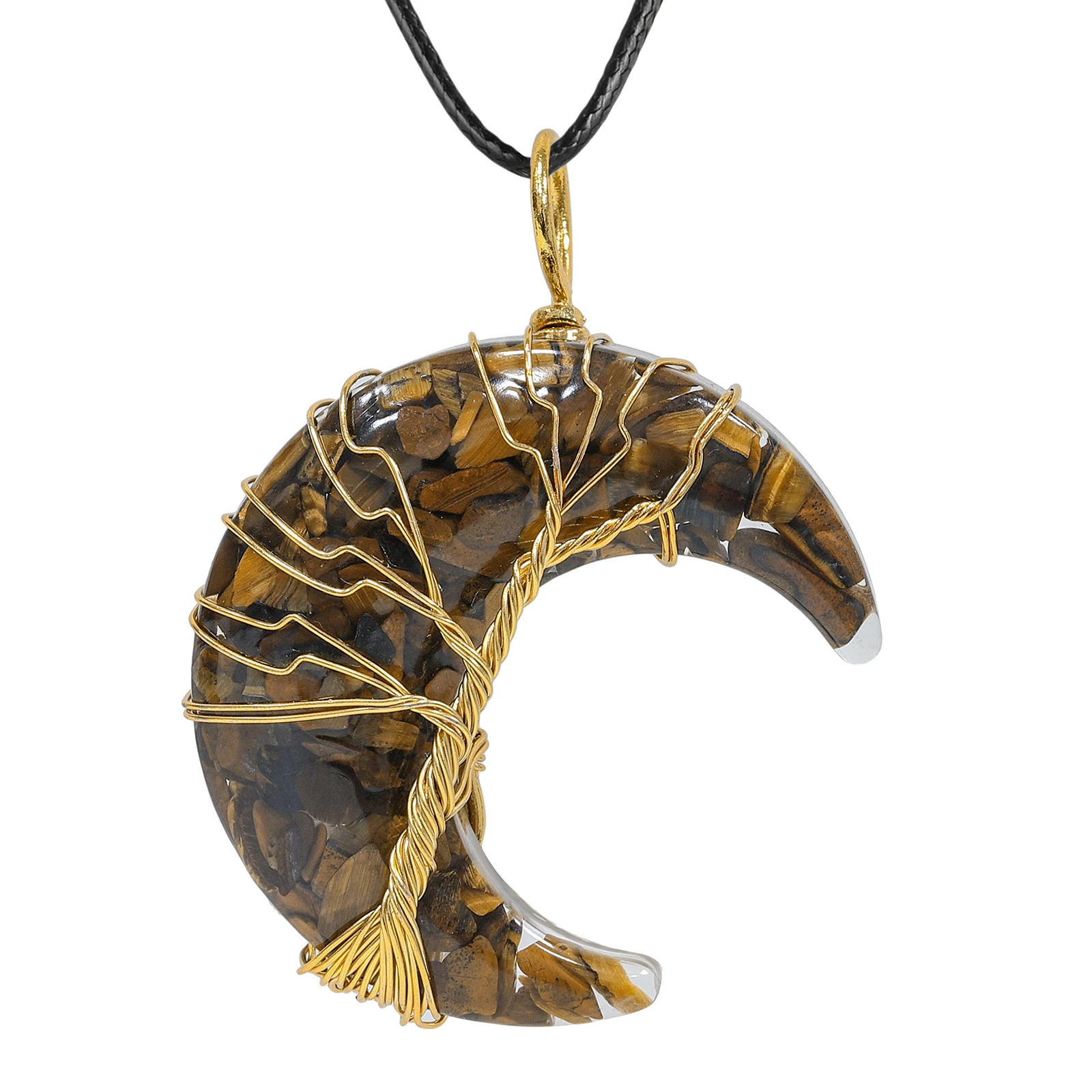 

TUMBEELLUWA Golden Wire Wrapped Tree of Life Pendant Natural Crystal Stone Crescent Moon Charms For Necklaces Jewelry Making
