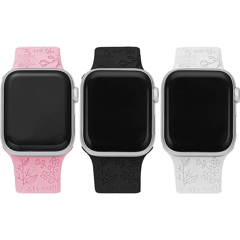 Flower Engraved Bands for Apple Watch Band 38mm 40mm 41mm, New Fashion Sport Strap Replacement Wristbands for iWatch Series