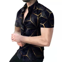 2022 new spring summer geometric print shirts men fashion turn down collar button down shirt casual cardigan short sleeve street