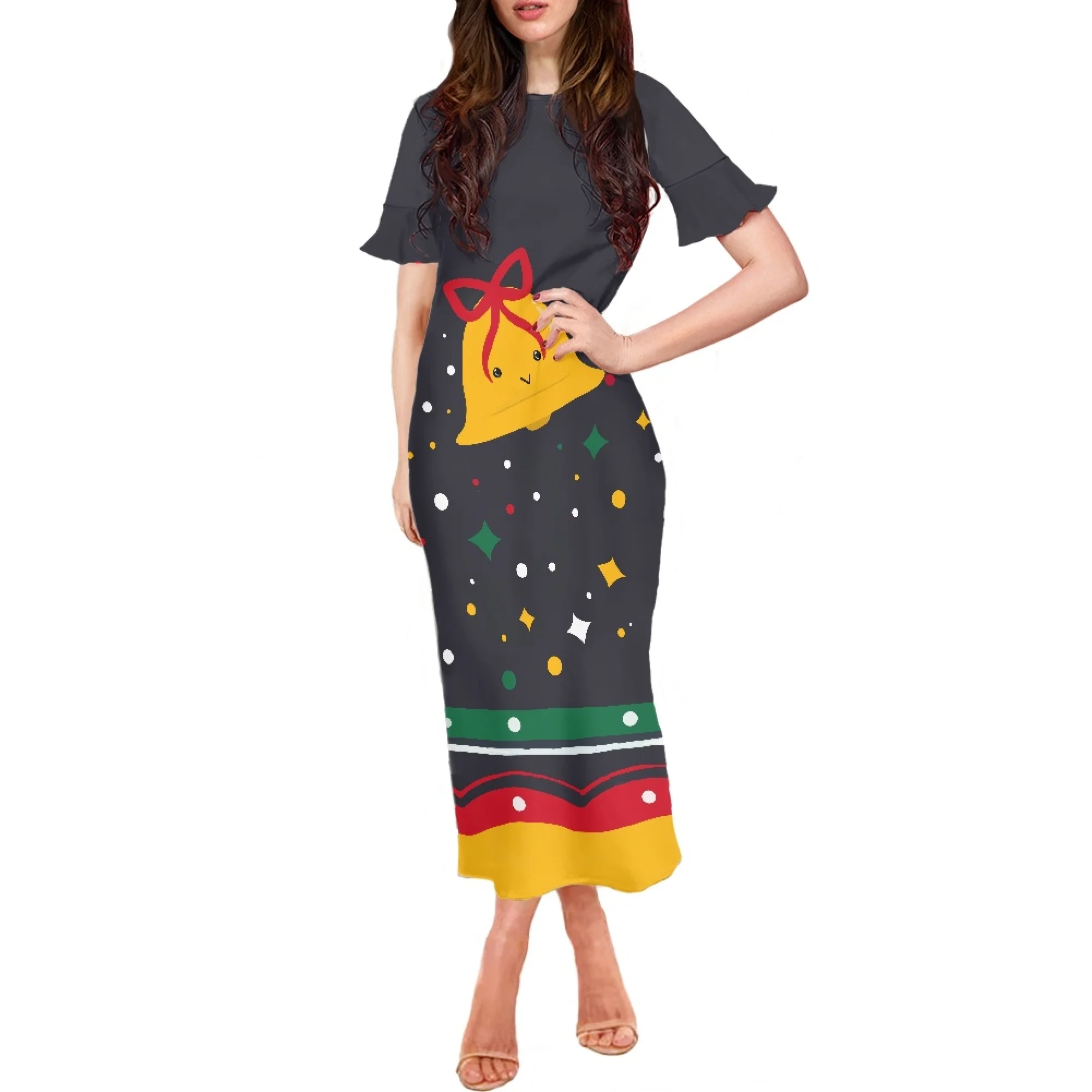 

Женское летнее платье высокого качества с круглым вырезом и рукавами в виде листьев лотоса