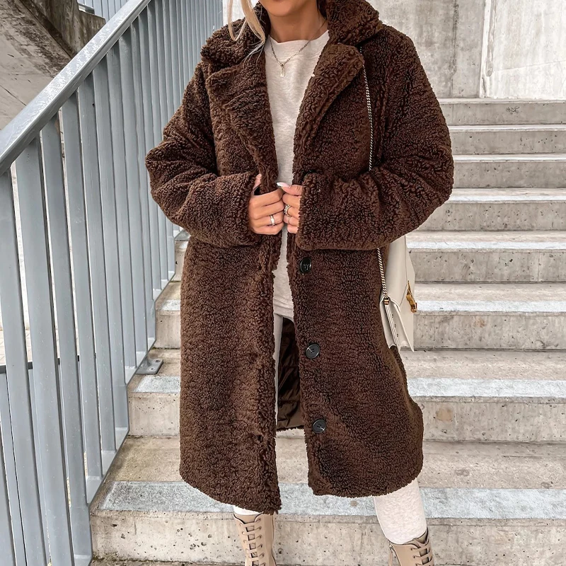 Mid-length Woman Faux Fur Coat 2022 Warm Thick Fluffy Women Outerwear Lapel Long Sleeve Female Teddy Bear Jacket Casual Winter