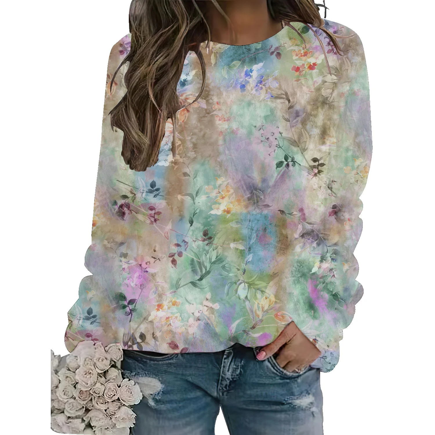 

Colorful Gradient Fresh Full Print Casual Flowers 2022 Autumn/Winter American New Loose Printed Sweater Women's Tops
