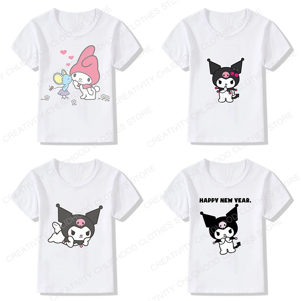 

Kuromi T-shirt Kawaii My Melody Rabbit Summer T Shirt Anime Cartoons Sanrio Children Casual Clothes Tops Tee Shirts Kid Girl Boy