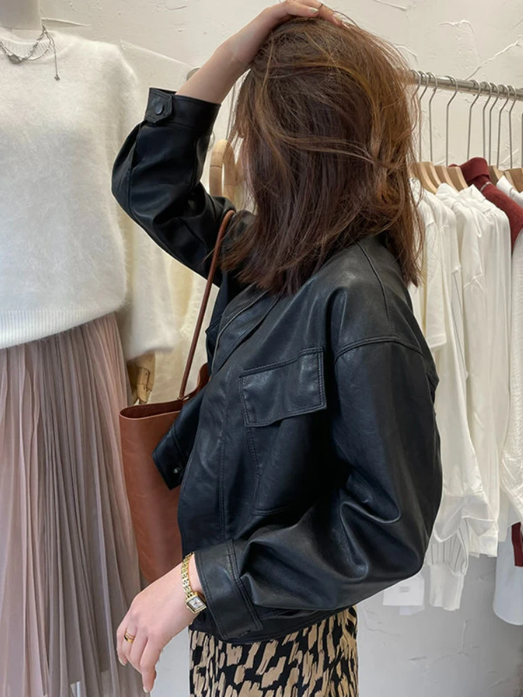 Black Biker Zipper Leather Jacket Women High Street Korean Fashion Outerwear Chic Tops Female Casual Loose Moto Coat Autumn 2022