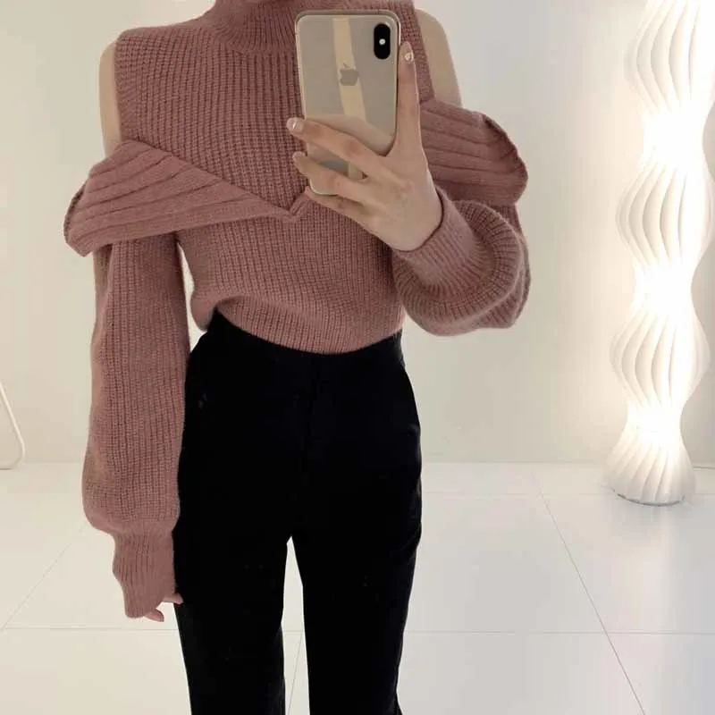 

Korean Chic Autumn Clothing Vintage All-Match Stand-Up Collar Pullover Off Shoulder Design Lantern Sleeve Knitted Sweater