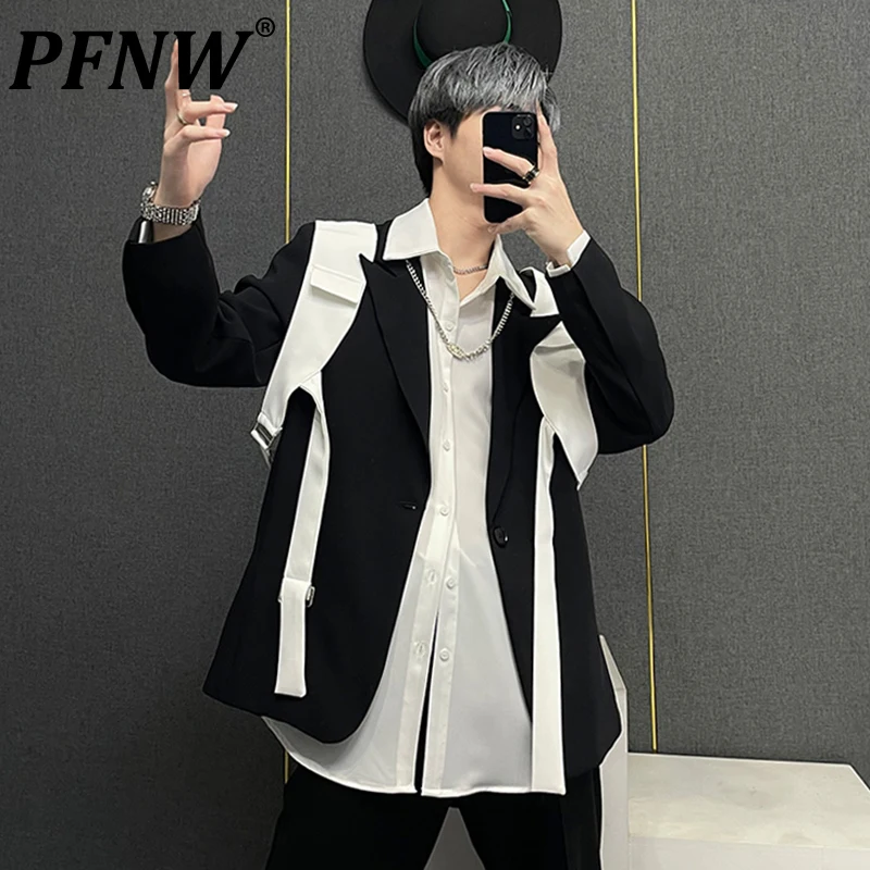 

PFNW Spring Autumn New Men's Patchwork Straps Suit Jacket Fashion Handsome Colors Contracted Leisure Baggy Niche Blazers 28A2152