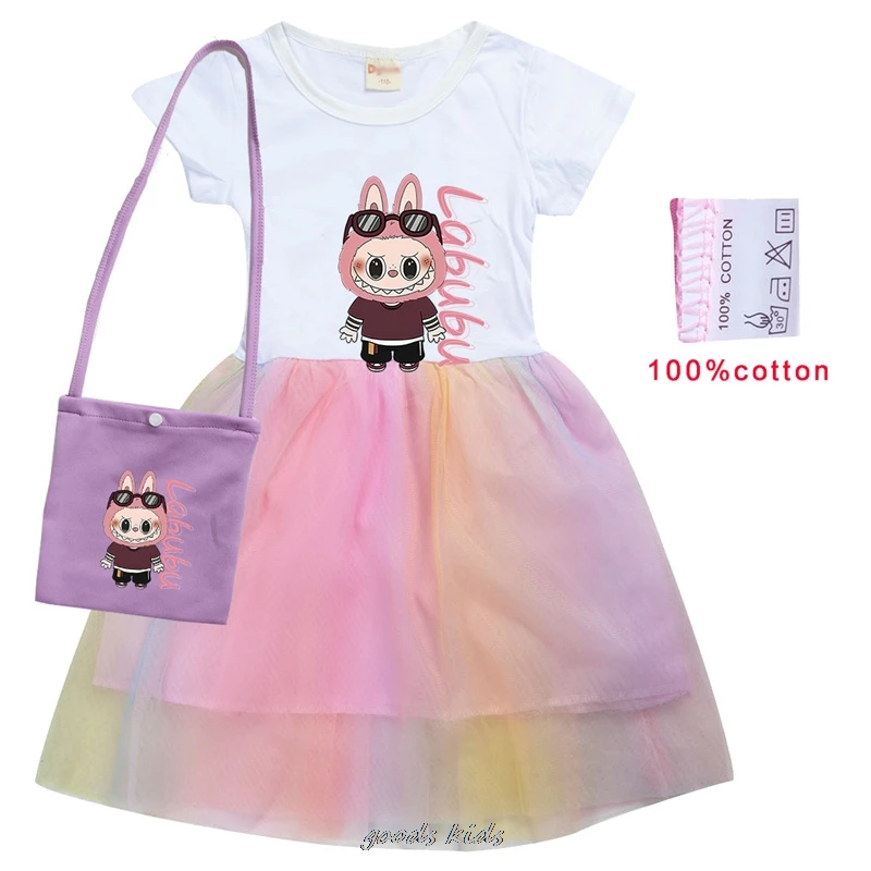Фото Newest Labubu Costume Kids Summer Short Sleeve Pretty Dress And Bag Baby Girls Dresses Children Vistidos Toddler Best Gift 1~7Y №3