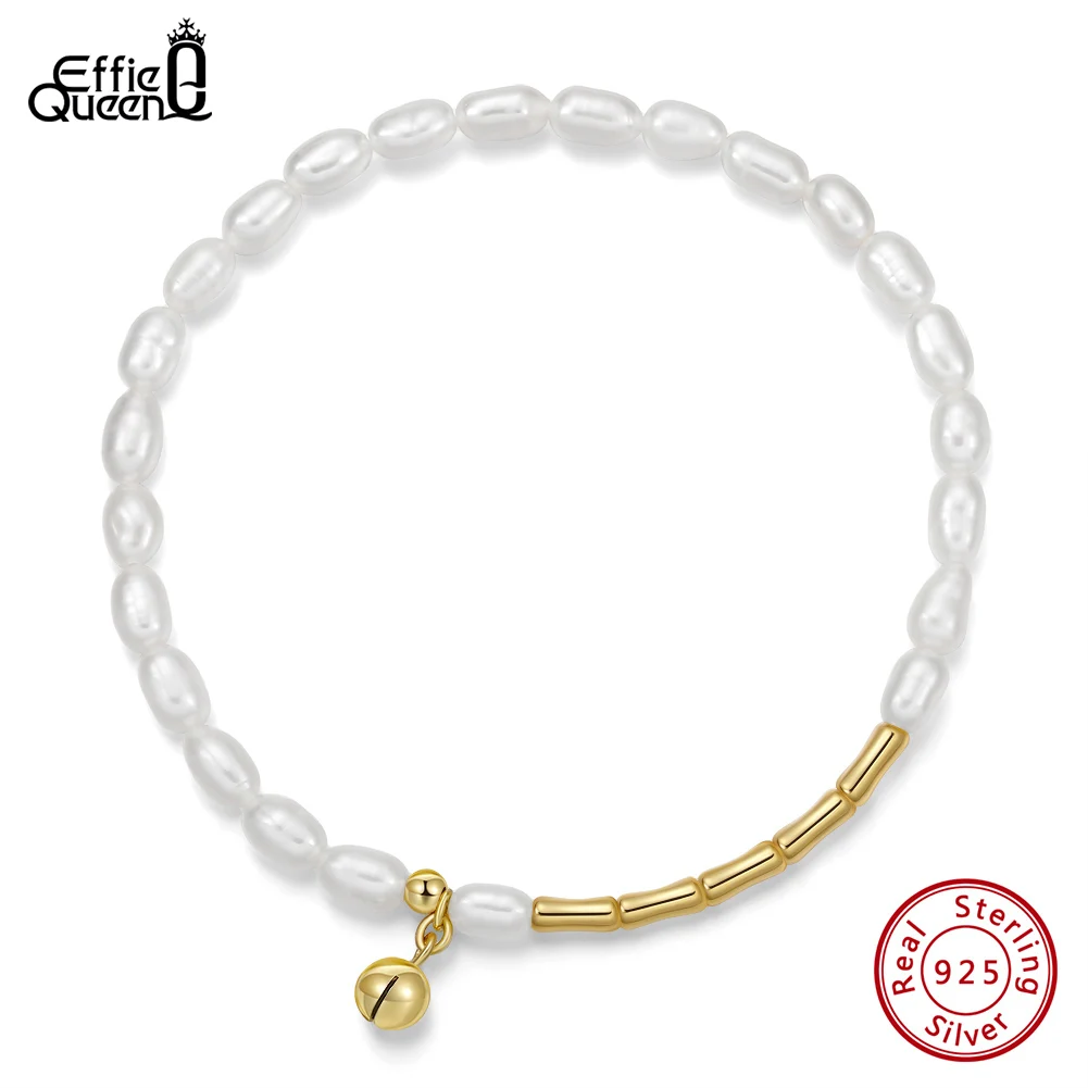 

EFFIE QUEEN S925 Silver Unique Natural Freshwater Pearl Bracelet 14K Gold Bamboo Chain Bracelets Fashion Jewelry for Women GPB18