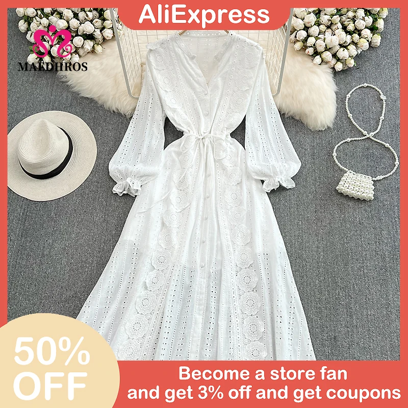 

Casual Puff Sleeve Ladies Dress Elegant V-Neck Hollow Flower Design Female Dress A-Line Vacation Women's Midi Dress Spring 2022