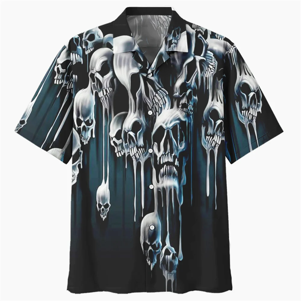 3d Cuban Collar Skull Print Shirt for Men Short Sleeve Vintage Hip Hop Party Fashion Hawaiian Men's Shirt Clothing Casual Blouse