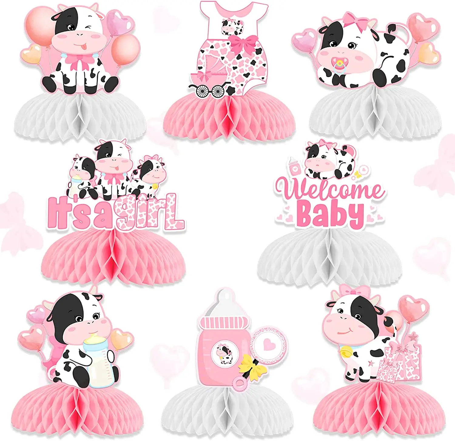 

8 Pieces Cow Baby Shower Honeycomb Centerpieces Cow Table Topper 3D Table Paper Cow Decorations for Girl Birthday Party Supplies