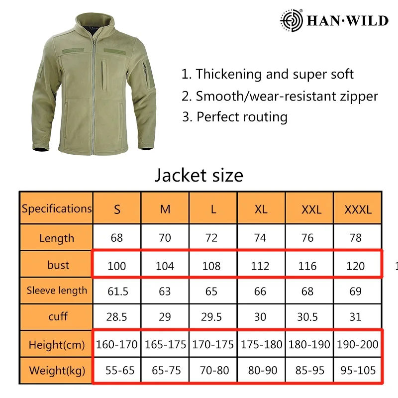 HAN WILD Tactical Fleece Coat Outdoor Cycling Jacket Hiking Outfit Camping Thermal Military Jackets Men Clothing Warm Coat