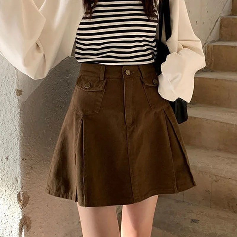 

HOUZHOU Brown Denim Skirt Women Vintage Cute Korean Style High Waist Pocket A-line Pleated Mini Skirt for Girls Preppy Casual