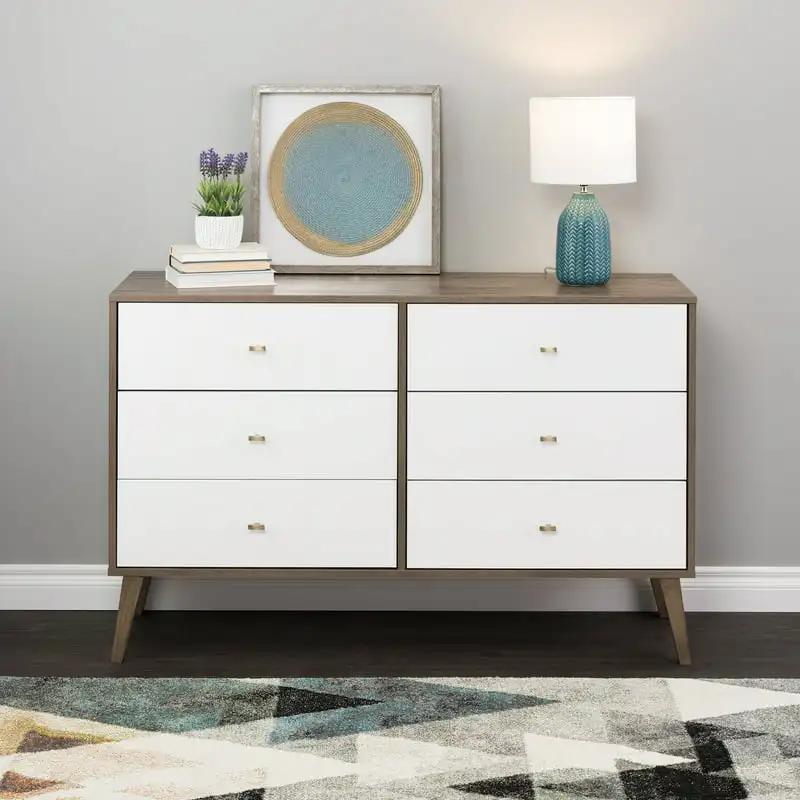 

6 Drawer Wooden Dresser, 16" x 52.25" x 33", Brown/White