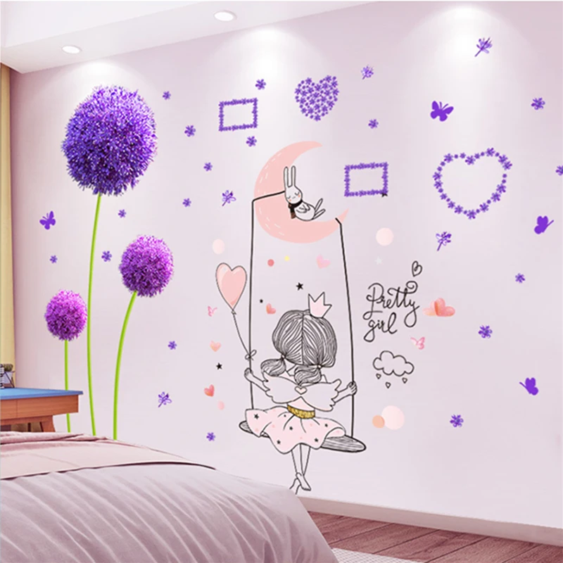 

Girl on the Swing Wall Stickers DIY Dandelions Flowers Mural Decor Decals for Kids Rooms Baby Bedroom Children Home Decoration