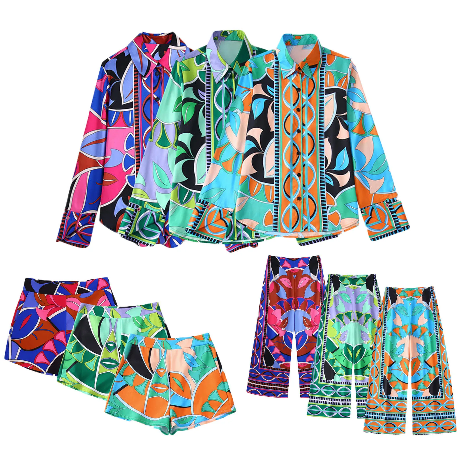 2022 Summer Women Casual  Geometric Print Suits Outfits 2 Piece Sets Long Sleeve High Low Hem Shirt + Pants Tall + Short