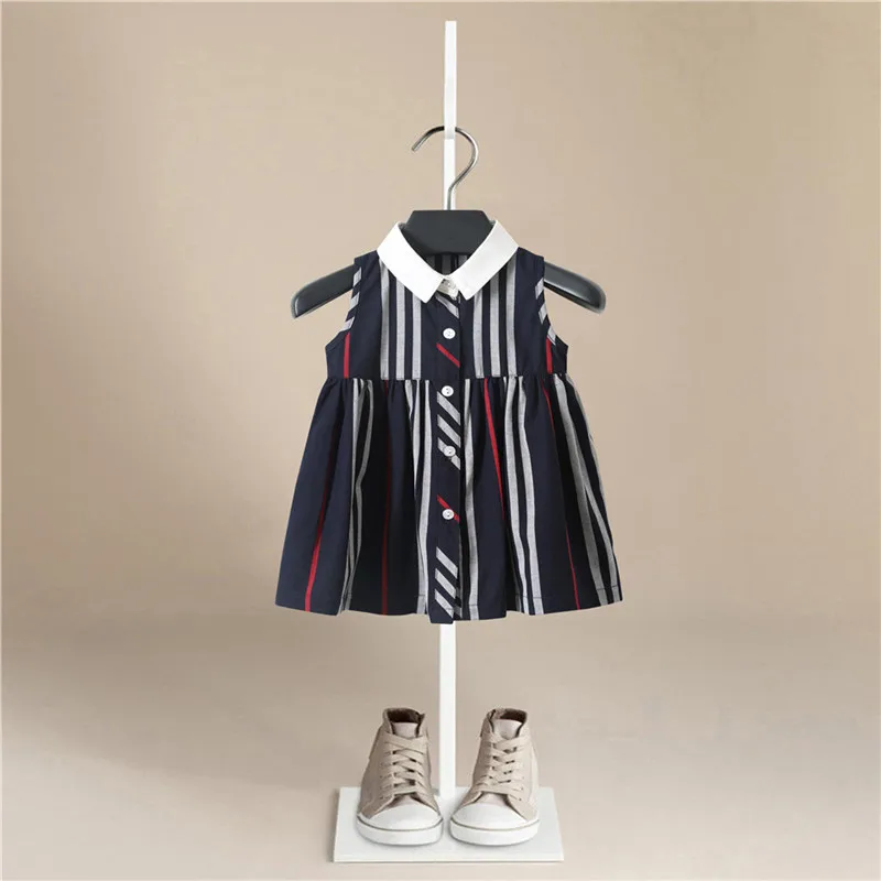 

high quality New Fashion Casual Sleeveless Striped Buttons Shirt Dresses Striped Girls Kids Dress Clothes 1-6Y Kids Clothes