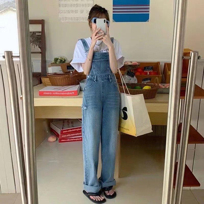 2023yk2 Retro Denim Overalls Korean Style Jumpsuit Street Loose Wide-Leg Pants Summer Slim Casual All-Match Female Long Elegant