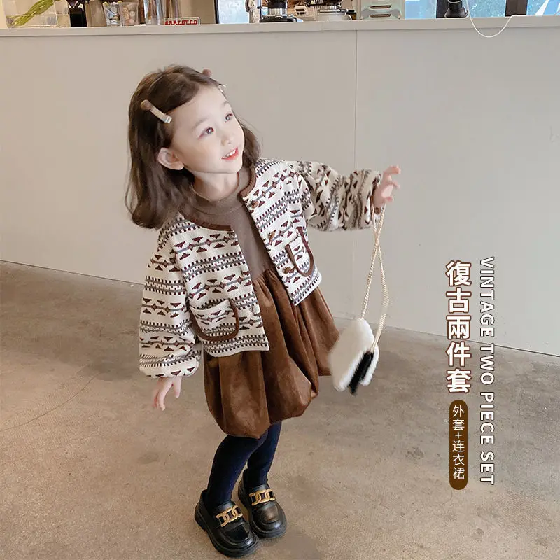 Girls Spring Autumn Set 2022 New Korean Style Knitted Retro Style Dress Cotton Two-Piece Set Fashion Baby