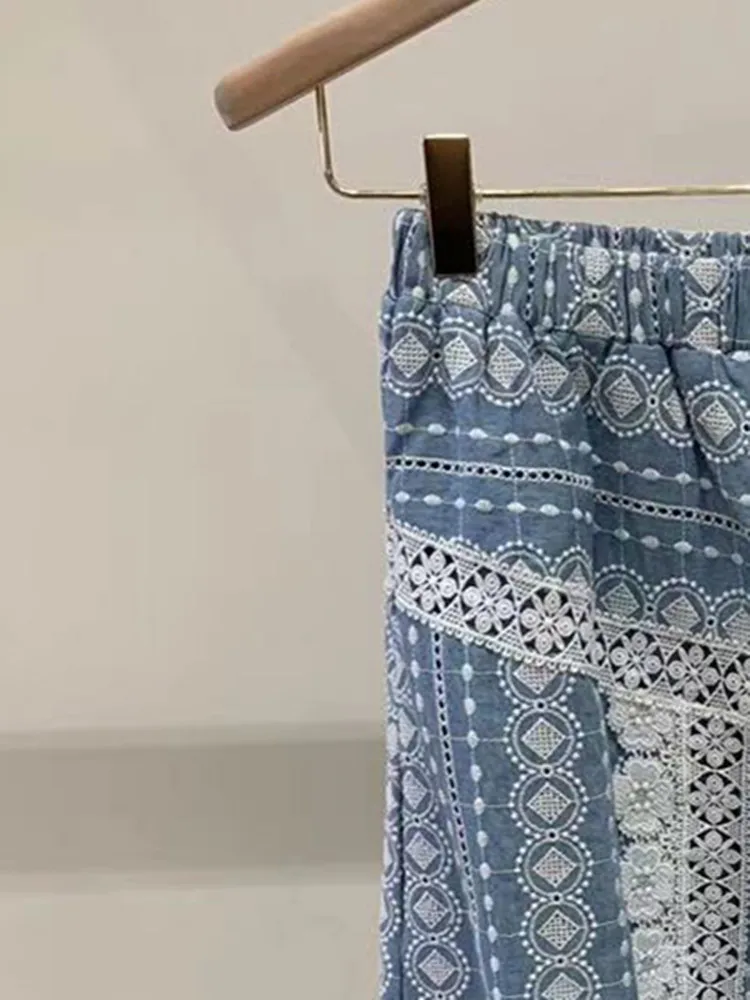 

Clearance Price Women A-Line Denim Midi Skirt Lace Splice Elastic High Waist Fresh Casual Blue Long Jupe for Ladies
