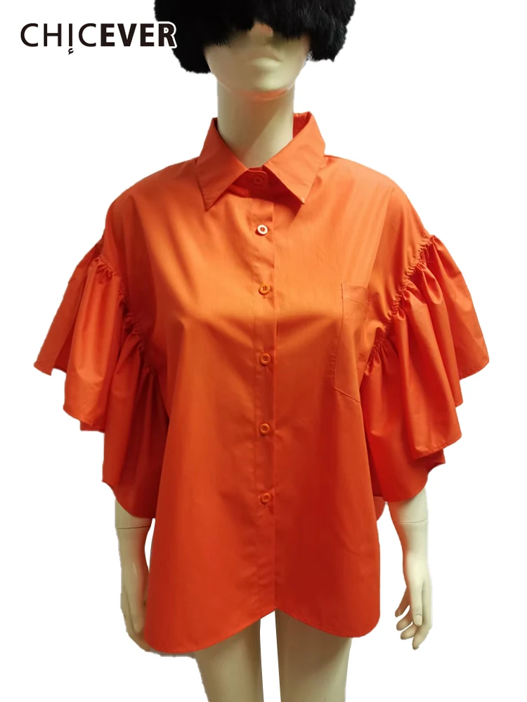 

CHICEVER Повседневная рубашка для женщин с отворотом и коротким рукавом Однотонная Минималистичная Блузка Женская корейская модная одежда сти...