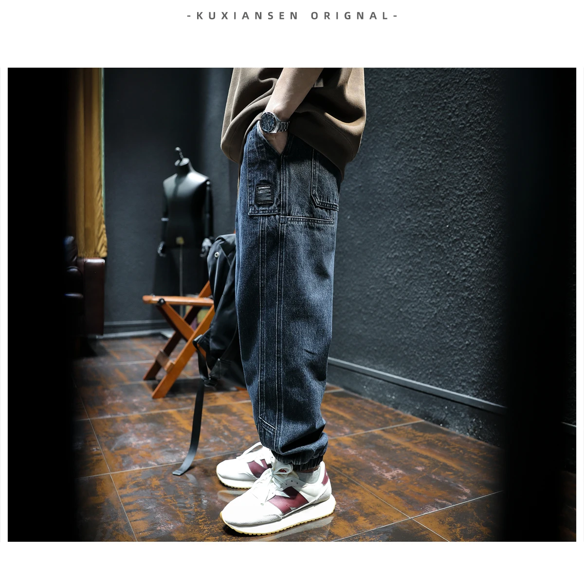 Spring and Autumn Style Leggings Mens Denim Pants Loose Fitting Trendy Trend Stitching Harlan Trend Jeans for Men