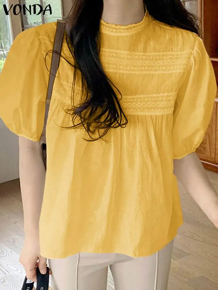 

Повседневные топы VONDA, Женская плиссированная блузка с коротким рукавом, Женские винтажные однотонные рубашки, элегантные офисные женские ...