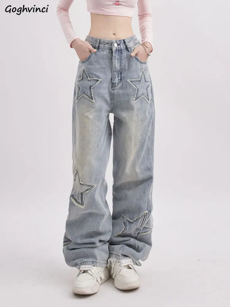 

Женские джинсы с широкими штанинами, Свободные повседневные винтажные универсальные брюки в Корейском стиле со Звездной вышивкой, уличная мода, Y2k, весна