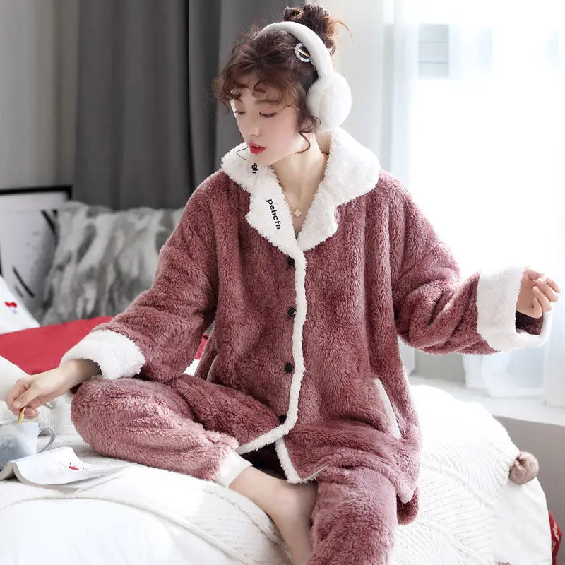 QWEEK Women's Winter Pajamas Green Gray Solid Color Coral Fleece Pijamas 2 Piece Set Home Suit Pyjamas Nightie Homewear Female