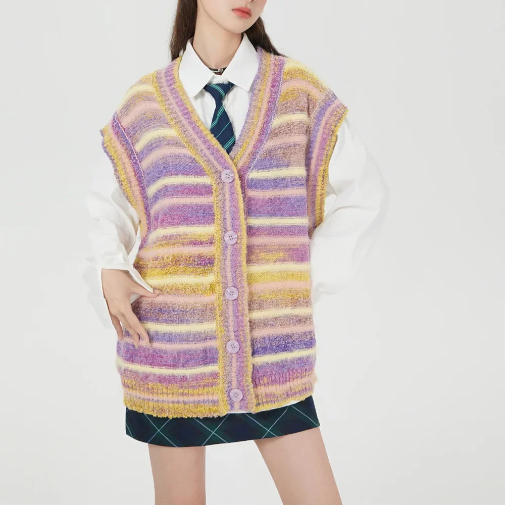 Полосатый кардиган с цветными блоками вязаный жилет женский осенне-зимний