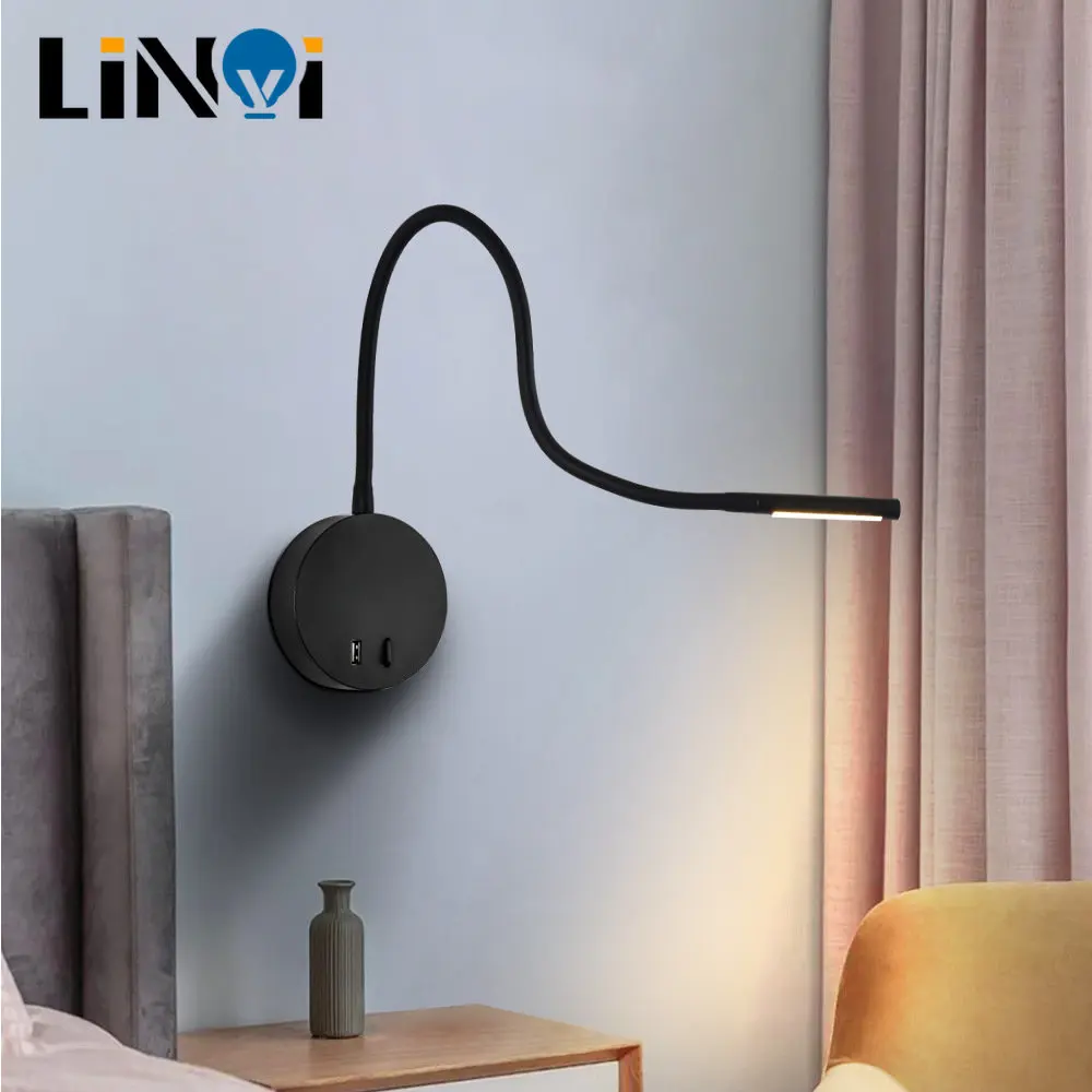 

Bedroom Bedside Reading LED Wall Light Hotel USB Rechargeable Wall Lamp Silicone Hose Spotlight Wall Lamp with Switch AC100-240V