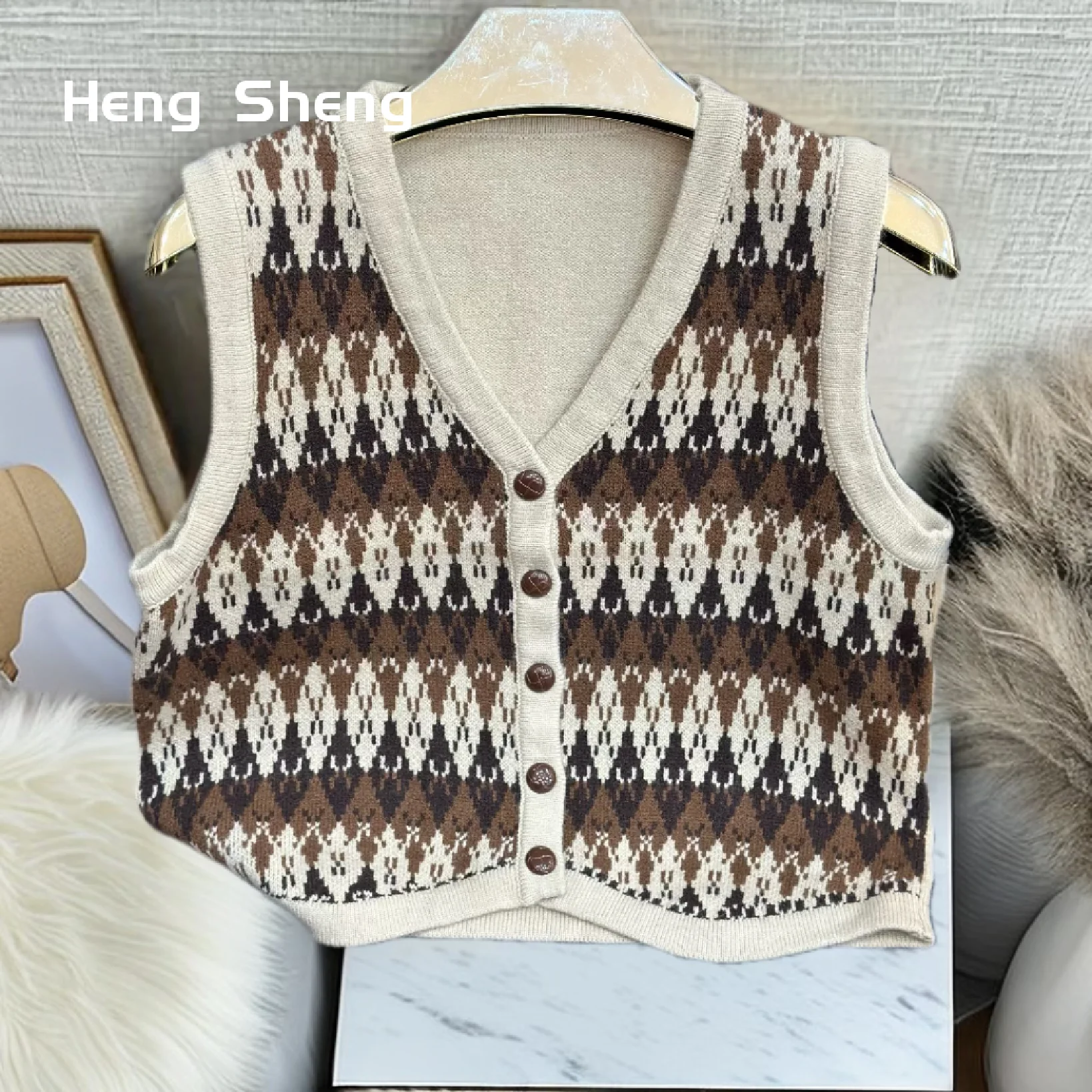 

Vintage Athflow British Style Jacquard Knitted Vest Women Autumn Versatile Sweater Vest