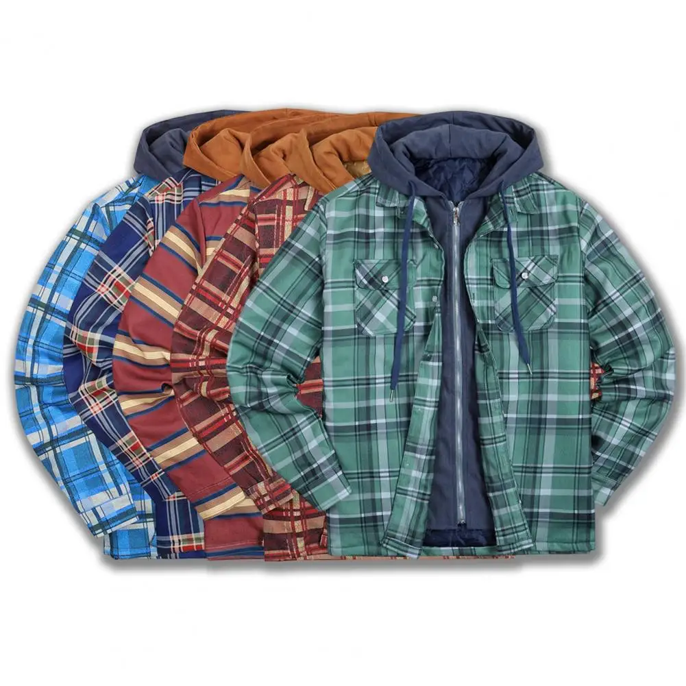 Popular Men Windbreaker Coat Plaid Hooded Windproof Long Sleeve Cotton Padded Fake Two Piece Thicken Hoodie Jacket Streetwear