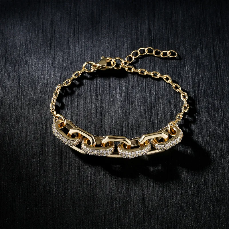 

Fashion Trendy Link Chain Copper Plate Gold Color Zircon Jewelry Bracelet for Unisex Party Valentine's Day Gift Geometric Couple