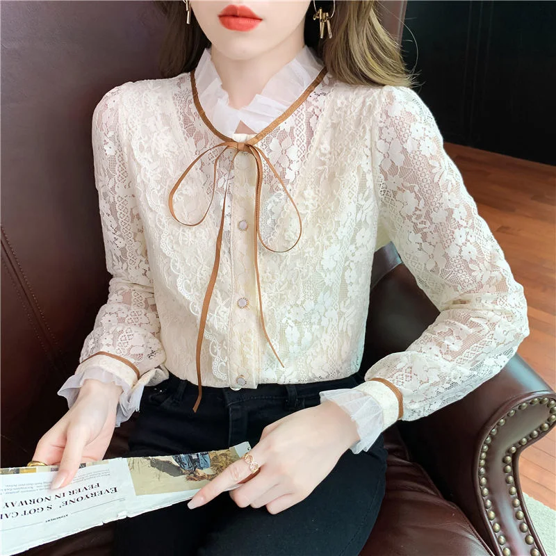 Autumn Lace Shirt Stand Collar Top Women's Sweet Long Sleeve hollow out Shirt Blouse Mujer