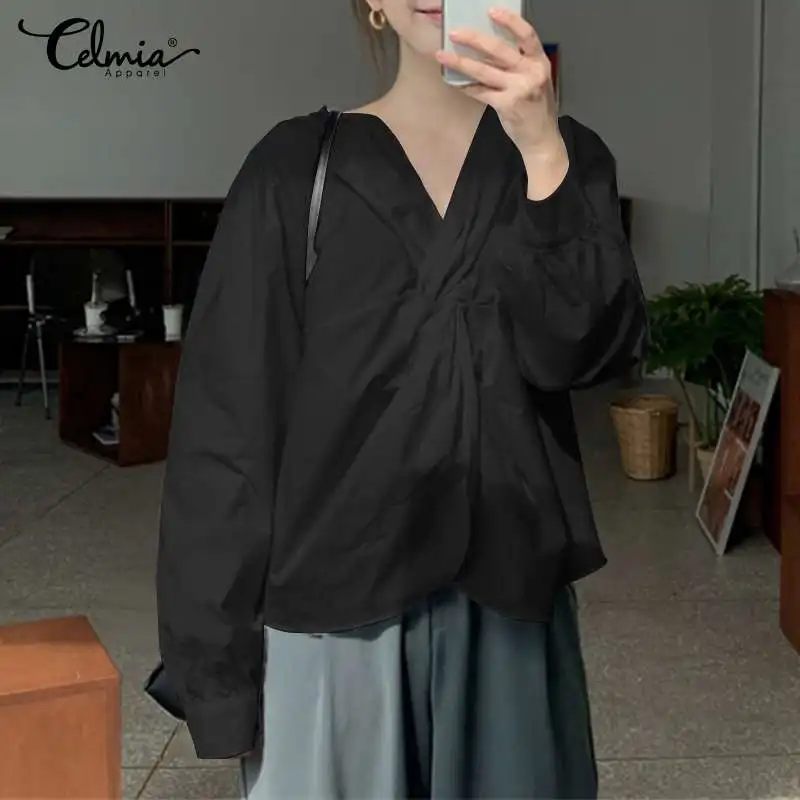 

Celmia 2022 Sexy V-Neck Knotted Blouses Women Solid Color Tops Fashion Long Sleeve Blouse Autumn Casual Loose Office Lady Blusas