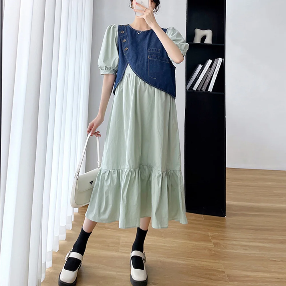 Maternity Wear Two-Piece Set Midi Skirt Lotus Leaf Hem Short Sleeve Dress + Fashion Denim Vest 2022 Spring Summer New Model