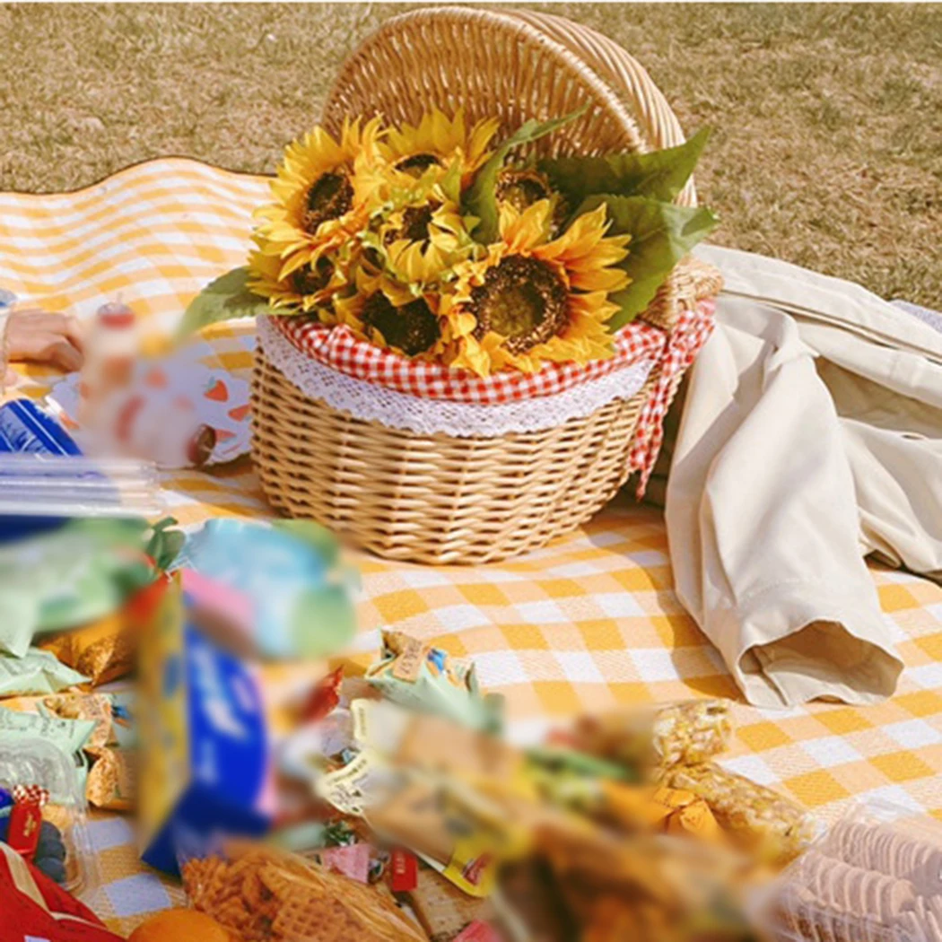 

1pc Handmade Wicker Basket With Handle Rattan Camping Picnic Basket With Double Lids Storage Hamper Basket With Cloth Lining
