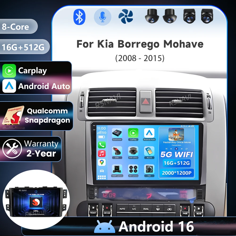 Фото Автомагнитола Android 16 Qualcomm с Carplay и Auto, 2K экран, мультимедиа для Kia Borrego Mohave 2008-2012, GPS, беспроводное видео, головное устройство №1