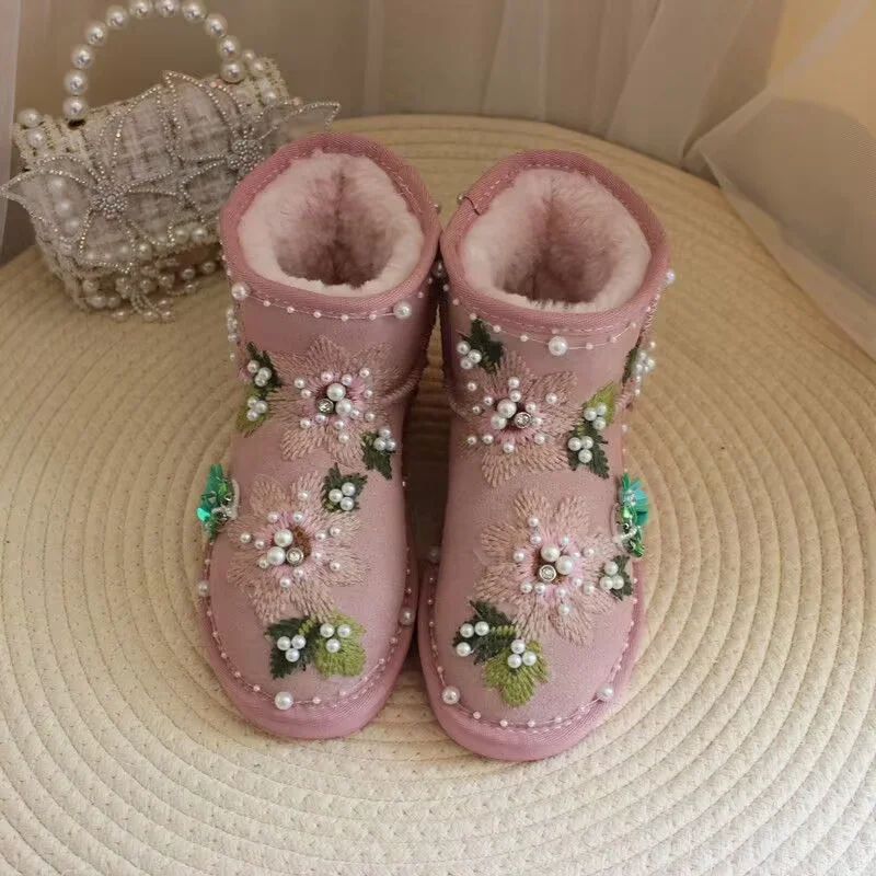 

Winter non-slip leather short tube pink pearl winter cotton shoes women's shoes large size women 35-44