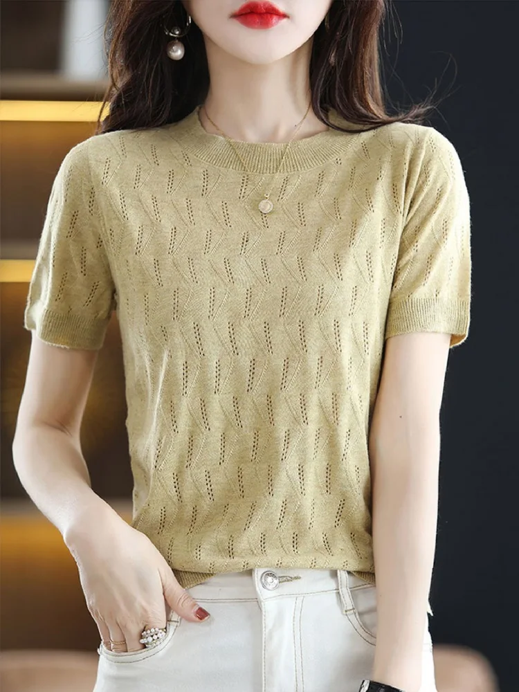 

TuangBiang 2022 Hollow Out Short Sleeves O-Neck Pullovers Eyelet Cotton Women Knitted T-Shirts Ladies Thin Loose Elasticity Tops