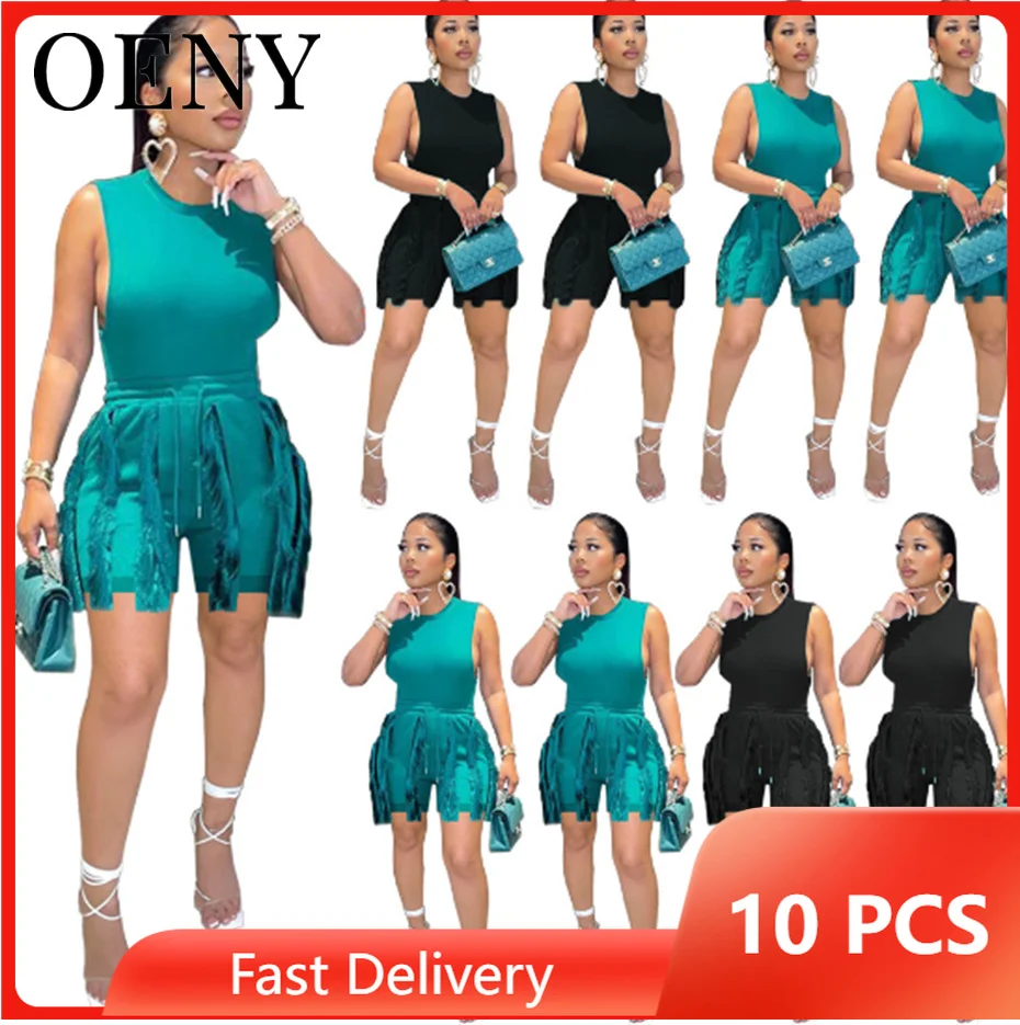 

Женский комплект из 2 предметов, Простой Топ без рукавов с круглым вырезом, модные шорты с кисточками и шнурком для отдыха, оптовая продажа, ...